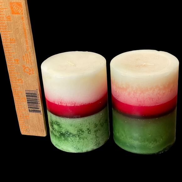 Pier 1 Holiday Candles Pair Pillar Striped Green White Red Evergreen Christmas - Picture 9 of 13